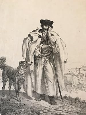 ungarischer Rinderhirte (Gulyás) mit Hüterhund (Pumi?) und Herde in der Puzta