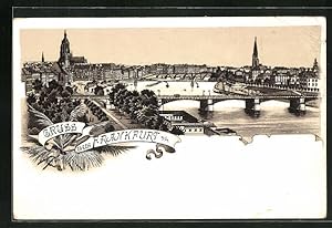 Lithographie Frankfurt, Panoramablick auf Stadt und Brücken