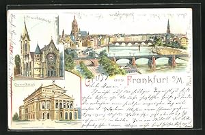 Lithographie Frankfurt a / M., Mainansicht, Opernhaus, Die neue Peterskirche