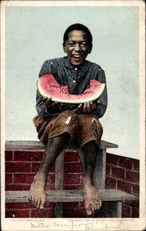 Seller image for Ansichtskarte / Postkarte Junge isst Wassermelone, Treppen for sale by akpool GmbH