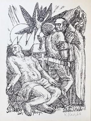 "Als Schlächter ausgezogen, verendet als Schlachtzvieh." Original Lithographie. Signiert. um 1966