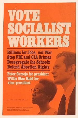 Image du vendeur pour Vote Socialist Workers. Peter Camejo for president, Willie Mae Reid for vice-president [poster] mis en vente par Bolerium Books Inc.