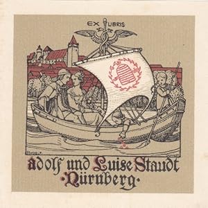 Image du vendeur pour Ex Libris Adolf und Luise Staudt Nrnberg. Paar mit zwei Kindern in Boot mit Bienenkorb-Segel, dahinter Nrnberg. mis en vente par Antiquariat  Braun