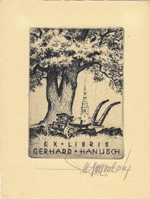 Ex Libris Gerhard Hanusch. Pflug unter Baum vor Kirchturm.