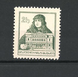 Bild des Verkufers fr Propaganda-Marke Deutsches Haus Budweis, Architekt mit Gebude-Modell zum Verkauf von Bartko-Reher