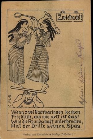 Bild des Verkufers fr Knstler Ansichtskarte / Postkarte Frauen streiten sich, Mann mit Kopfschmerz, Wenn zwei Nachbarinnen kochen friedlich. zum Verkauf von akpool GmbH