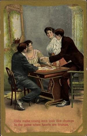 Ansichtskarte / Postkarte Partie beim Kartenspielen, Girls make young men look like chumps.