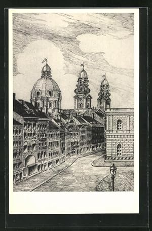 Künstler-Ansichtskarte München, Max Joseph-Platz mit Residenzstrasse