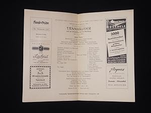 Image du vendeur pour Programmzettel Bhnen der Stadt Kln in der Aula der Universitt 1951/52. TANNHUSER UND DER SNGERKRIEG AUF DER WARTBURG von Richard Wagner. Musikal. Ltg.: Eugen Szenkar, Insz.: Erich Bormann, Bhnenbild: Erich Metzoldt, Kostme: Wera Schawlinsky. Mit Bernd Aldenhoff (Tannhuser), Walburga Wegner, Charlotte Hoffmann-Pauels, Helmi Rau, Ruth Hoen, Wilhelm Schirp, Robert Blasius, Hans Reischl mis en vente par Fast alles Theater! Antiquariat fr die darstellenden Knste