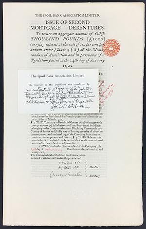 Immagine del venditore per SECOND DEBENTURE. Issue of Second Mortgage Debenture, To secure an aggregate amount of One Thousand Pounds [1000] carrying interest at the rate of six per cent per annum under Clause 3 (II) of the Memorandum of Association and in pursuance of a Resolution passed on the 24th day of January 1922. venduto da Blackwell's Rare Books ABA ILAB BA