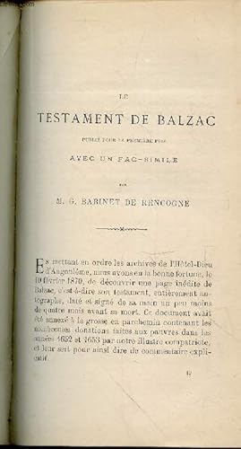Seller image for Tir  part : Le testament de Balzac publi pour la premire fois avec un fac-simil - Bulletin de la Socit Archologique et Historique de la Charente Quatrime srie - Tome 7 - Anne 1870. for sale by Le-Livre