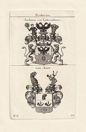 Imagen del vendedor de Freiherren Aschauer von Lichtenthurn / von Auer. 2 Kupferstich-Wappen auf 1 Blatt. a la venta por Antiquariat Dennis R. Plummer