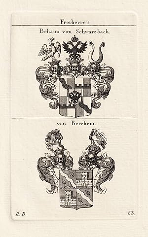 Imagen del vendedor de Freiherren Behaim von Schwarzbach / von Berchem. 2 Kupferstich-Wappen auf 1 Blatt. a la venta por Antiquariat Dennis R. Plummer