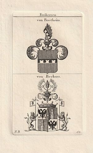 Imagen del vendedor de Freiherren von Bastheim / von Beckers. 2 Kupferstich-Wappen auf 1 Blatt. a la venta por Antiquariat Dennis R. Plummer
