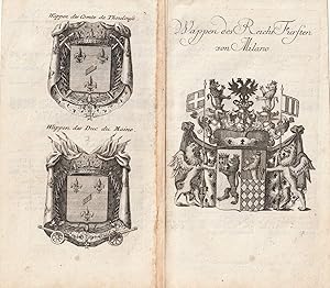 Seller image for Wappen des Comte de Thoulouse, Wappen des Duc du Maine -und- Wappen des Reichs Frsten von Milano. 3 Kupferstich-Wappen auf 1 Doppelblatt, verso die zugehrige Stammtafeln. for sale by Antiquariat Dennis R. Plummer