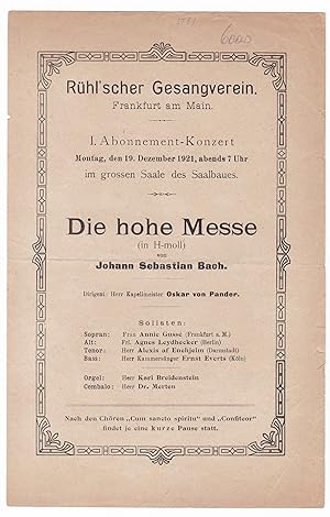 Frankfurt Main 1921, Rühl'scher Gesangverein, Konzert Bach im Saalbau, Oskar v. Pander