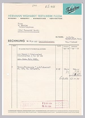 Rechnung Hermann Wighardt, Textilwerk Fulda 1954, Weberei Fulwiline Färberei