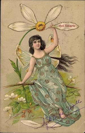 Ansichtskarte / Postkarte Glücksfee auf dem Zweig reißt ein Blumenblatt, Met Smarte