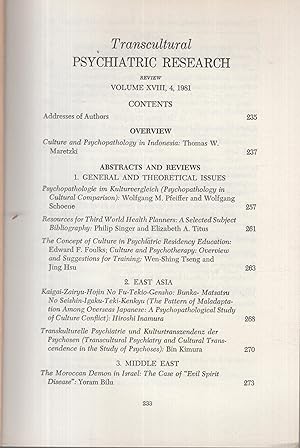 Seller image for Transcultural Psychiatric Research Review - Volume XVIII - N 4 for sale by PRISCA