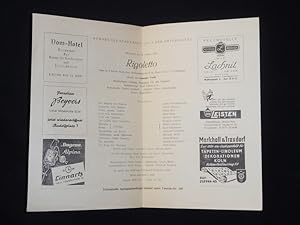 Image du vendeur pour Programmzettel Bhnen der Stadt Kln in der Aula der Universitt 1952/53. RIGOLETTO nach Piave von Grnbaum, Verdi (Musik). Musikal. Ltg.: Wolfgang von der Nahmer, Insz.: Wolf Vlker, Bhnenbild: Walter Gondolf, Kostme: Wera Schawlinsky. Mit Robert Blasius (Rigoletto), Albert Weikenmeier, Helmi Rau, Peter Nohl, Herbert Bartel, Brigitte Anders, Matti Lehtinen, Ruth Hoen mis en vente par Fast alles Theater! Antiquariat fr die darstellenden Knste