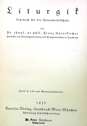 Image du vendeur pour Liturgik: Lehrbuch fr die Untermittelschule. mis en vente par books4less (Versandantiquariat Petra Gros GmbH & Co. KG)