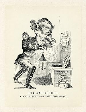 "L'EX NAPOLÉON III à la recherche d'un trône" Caricature originale entoilée 1871