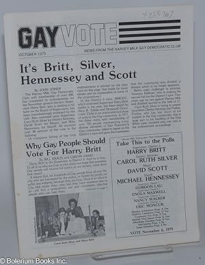 Image du vendeur pour Gay Vote: news from the Harvey Milk Gay Democratic Club; October 1979; It's Britt, Silver, Hennessey & Scott mis en vente par Bolerium Books Inc.