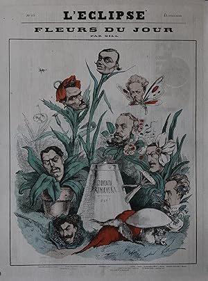 "FLEURS DU JOUR par André GILL" Caricature originale entoilée L'ÉCLIPSE 1868