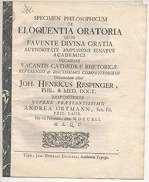 Immagine del venditore per Specimen philosophicum de eloquentia oratoria. venduto da Wissenschaftliches Antiquariat Kln Dr. Sebastian Peters UG