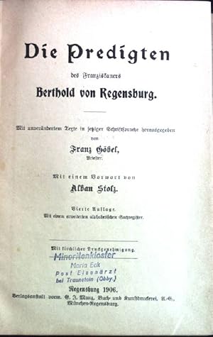 Bild des Verkufers fr Die Predigten des franziskaners Berthold von Regensburg. zum Verkauf von books4less (Versandantiquariat Petra Gros GmbH & Co. KG)