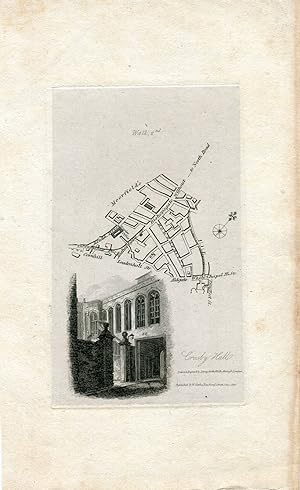 Crosby Hall y mapa de Londres dibujado y grabado en 1817 por I. Greig.