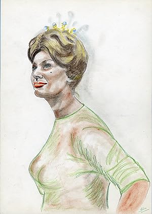 "Sophia LOREN" Caricature originale de J. GEN (Dessin au crayon noir & couleur)