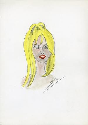"Brigitte BARDOT" Caricature originale de J. GEN (Dessin au crayon aquarellé)