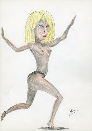 "Mireille DARC" Caricature originale de J. GEN (Dessin au crayon noir & couleur)