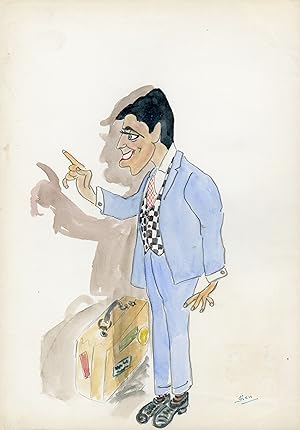 "Sacha DISTEL" Caricature originale de J. GEN (Dessin au crayon aquarellé)