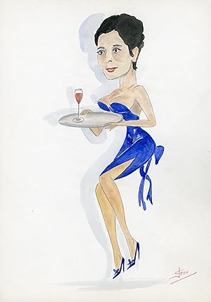 "Marie-José NAT" Caricature originale de J. GEN (Dessin au crayon aquarellé)