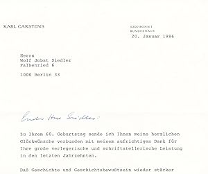 Brief des ehemaligen Bundespräsidenten Karl Carstens an den Verleger Wolf Jobst Siedler. Original...