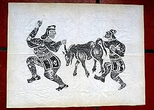 Zwei Krieger mit einem Pferd/Muli, gedruckt auf feinem Seidenpapier. Nicht signiert und undatiert