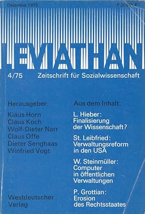 Imagen del vendedor de Leviathan Heft 4/1975 - Zeitschrift fr Sozialwissenschaft u.a. Steinmller, Computer in ffentlichen Verwaltungen a la venta por Versandantiquariat Nussbaum