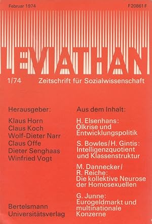 Bild des Verkufers fr Leviathan Heft 1/1974 - Zeitschrift fr Sozialwissenschaft u.a. Dannecker, Die kollektive Neurose der Homosexuellen zum Verkauf von Versandantiquariat Nussbaum