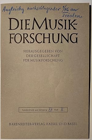 Bild des Verkufers fr ber die Angleichung nachschlagender Sechzehntel an Triolen. In: Die Musikforschung. Sonderdruck aus JAhrgang XIII, Heft III. zum Verkauf von Antiquariat A. Wempe