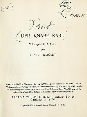 Immagine del venditore per Der Knabe Karl. Schauspiel in 3 Akten. (Hektographiertes Bhnenmanuskript). venduto da Eberhard Kstler Autographen&Bcher oHG