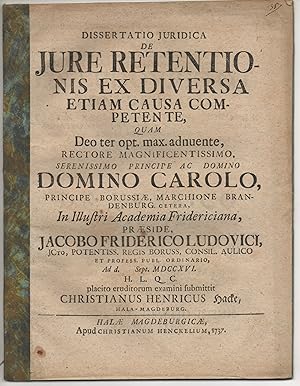 Seller image for Juristische Dissertation. De iure retentionis ex diversa etiam causa competente. for sale by Wissenschaftliches Antiquariat Kln Dr. Sebastian Peters UG