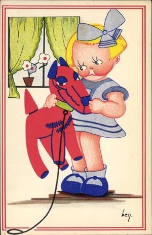 Künstler Ansichtskarte / Postkarte Mädchen mit Hund-Spielzeug, Weiße Blümchen, Blaues Kleid