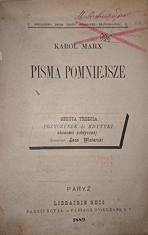 Bild des Verkufers fr Pisma Pomniejsze. SeryjaTrzecia: przyczynek do krytyki ekonomii politycznej tlomaczyt Leon Winiarski.(Biblioteka dziel tresci spoleczno-ekonomicznej V.) zum Verkauf von Fldvri Books