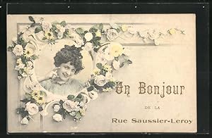 Carte postale Paris, PariUn Bonjour de la Rue Saussier-Leroy, Dame et des fleurs