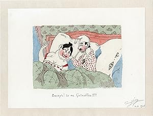 "CRÉCY : Zoseph ! tu me çatouille !!!!!" Dessin aquarellé de presse entoilé 1935