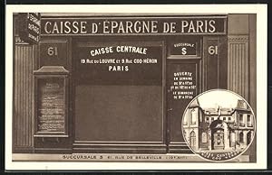 Carte postale Paris, Caisse d`Epargne de Paris, 61, Rue de Belleville
