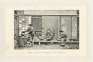 "JAPON: Préparatifs du diner à l'Hôtel d'Itchimanda" Gravure par CANEDI entoilée 1890