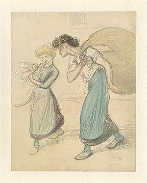 "STEINLEN : Femme et jeune fille portant des baluchons" Litho originale entoilée vers 1900